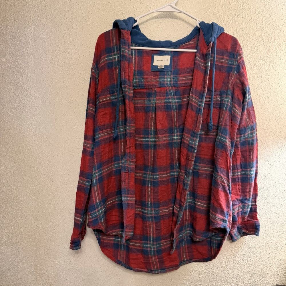 American Eagle Hooded Flannel Plaid Shirt Size S Red Navy Button Down Shacket